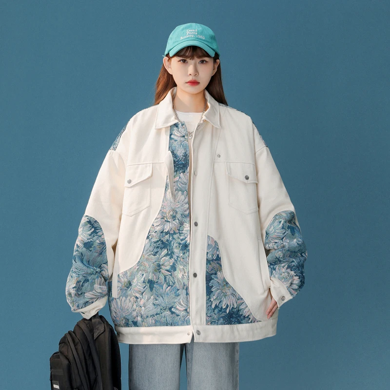 Lässige Blumen stickerei Jacke Frauen Frühling Herbst Streetwear Mode Patchwork lose Langarm bemalte Mäntel Frauen