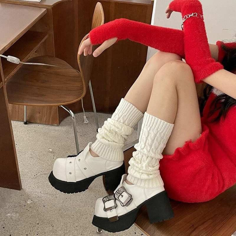 1 pair Japanese Korean Style Knitted Leg Warmers Cuffs Knee Protection for Women Girls Fashion Solid Color Lolita Y2K Long Socks