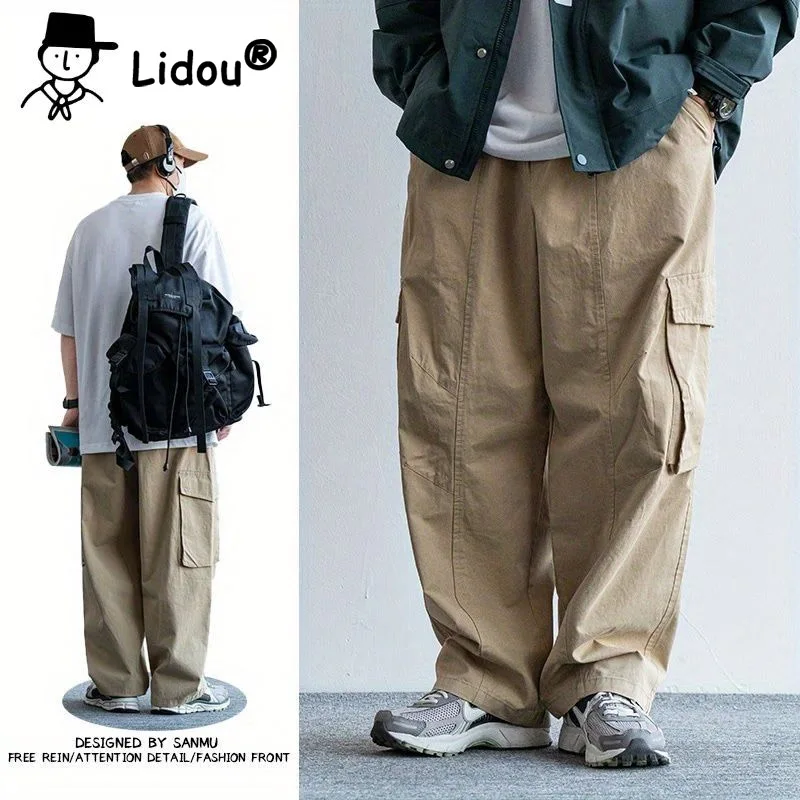 Vintage Solid Color Large Pocket Men's Cargo Pants Classic Loose Waist Drawstring Street Casual All-match Male Trousers