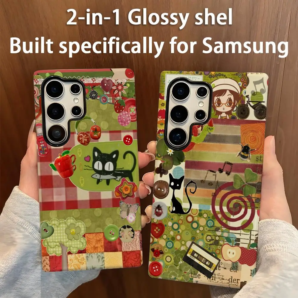 Coque de téléphone à motif mignon et rétro, coque brillante 2 en 1 pour Samsung Galaxy S25 S24 S23 S22 S21 Plus Ultra