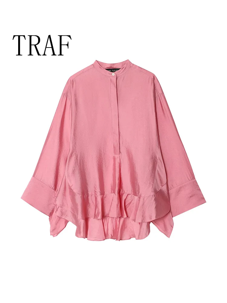 

TRAF European and American style summer new women's loose casual simple fashion stand collar long sleeve lotus leaf trim shirt