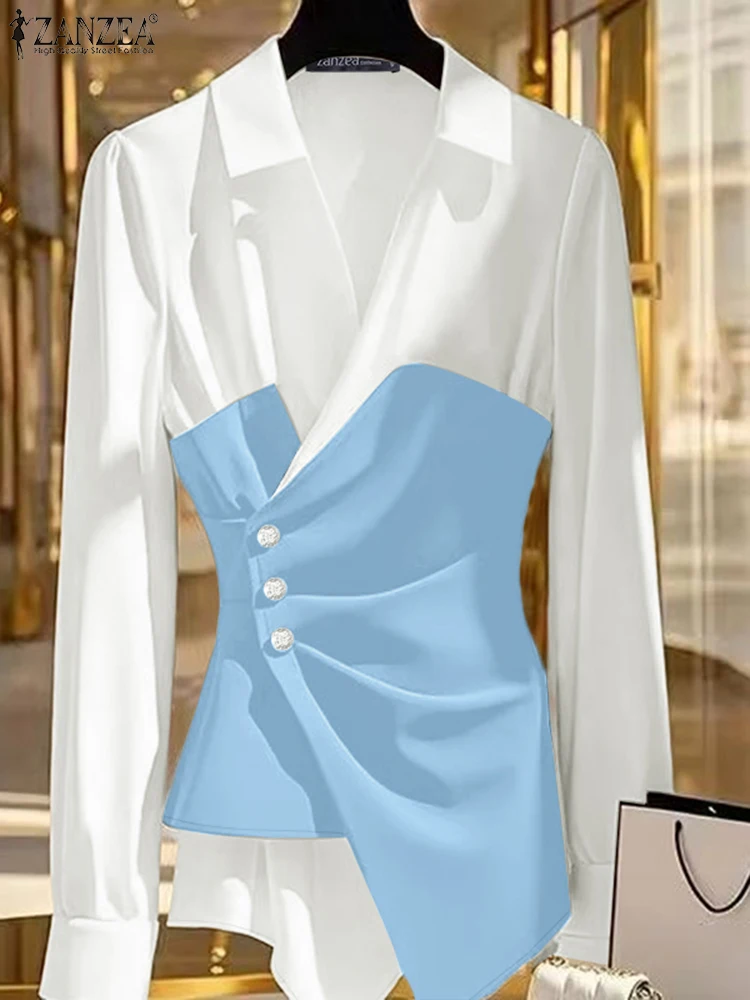 

ZANZEA Women Autumn Fashion Color-Blocked Patchwork Shirts Elegant Turn-Down Collar Long Sleeve Button Up Wrapped Chemises Femme