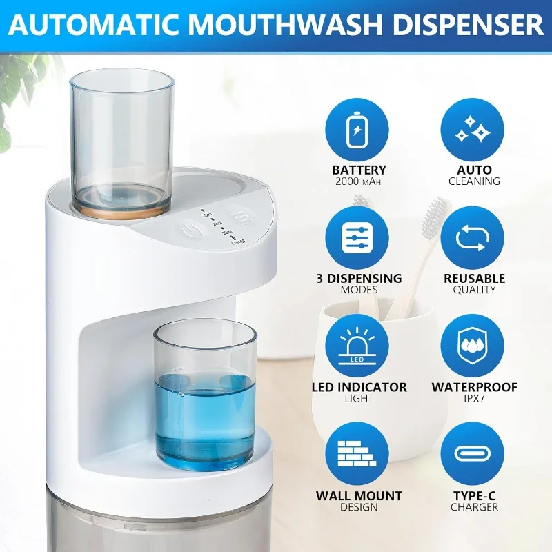 Automatic Mouthwash Dispenser for Bathroom 550ml Super Adhesive Wall Mounted Mouth Wash Container Touchless with Magnetic Cups