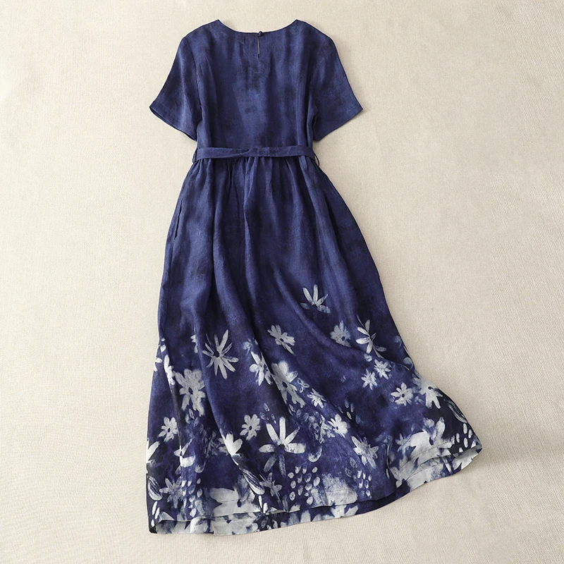 Katoen Linnen Gedrukt Korte mouwen Casual jurk vrouwen 2025, Zomer Nieuwe Koreaanse Stijl Lace-up Elegante Chic kleding N717