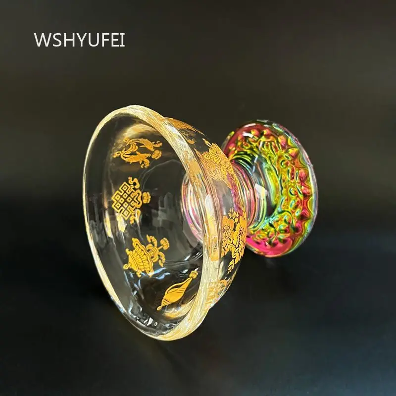 1pc Tibetan Crystal Offering Bowl with Eight Auspicious Symbols Gold Engraved Holy Water Cup for Buddha Altar Feng Shui Decor