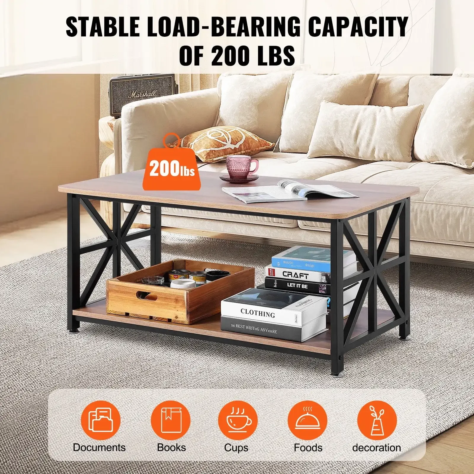 Mesa de centro de granja de 40", mesa de centro rectangular con compartimento de almacenamiento abierto