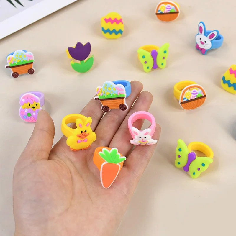 10Pcs Cartoon Rabbit Carrot Eggs Silicone Ring Kids Toy Gift Easter Birthday Party Favors Goodie Bag Pinata Fillers Baby Shower