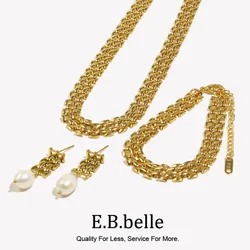 E.B.belle Handwoven New Watch Strap Chain Pearl Pendant Bracelet Necklace Drop Earrings 316L Stainless Steel 18K Gold Plated