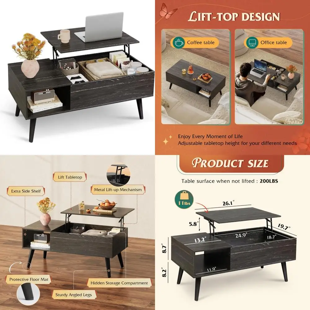 

Rising Storage Coffee Table for Living Room - Small Lift Top Wooden Dining Center Table with Storage Solution