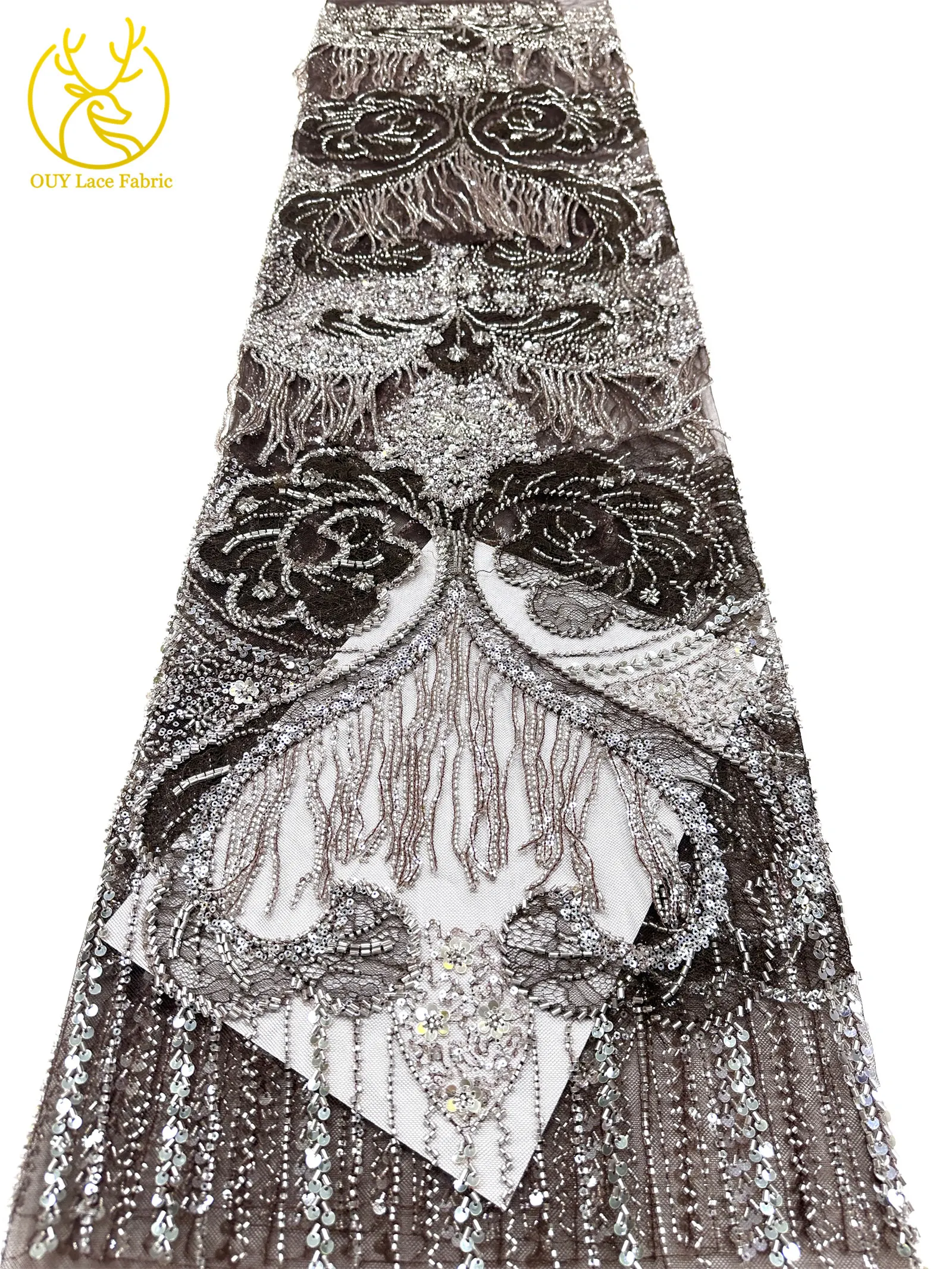 Goldene französische 3D-Laser-Quasten-Perlen-Spitze, luxuriöser afrikanischer Pailletten-Spitzenstoff, nigerianischer Mesh-Spitzenstoff für Damen-Hochzeiten – Detail 18