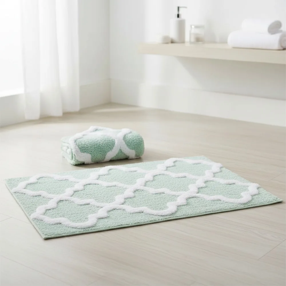 

2-Piece Cotton Bath Mat Set - Non-Slip Washable Rugs with Trellis Print for Elegant Home Decor