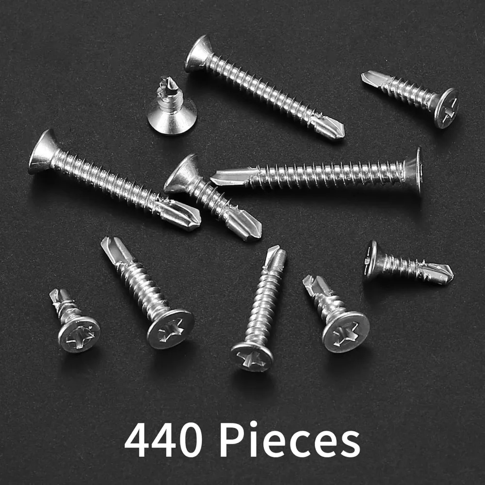 440Pcs Self Tapping Screws M4.2 M4.8 Stainless Steel Cross Head Screw Slotted Flat Head Phillips Self Drilling Screws 13-38mm