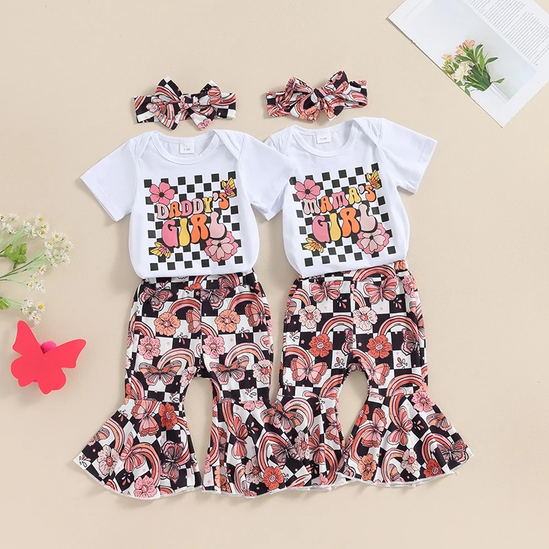 

2024-04-03 Lioraitiin Newborn Baby Girls Summer Outfits Short Sleeve Romper + Butterfly Flare Pants + Headband Clothes Set