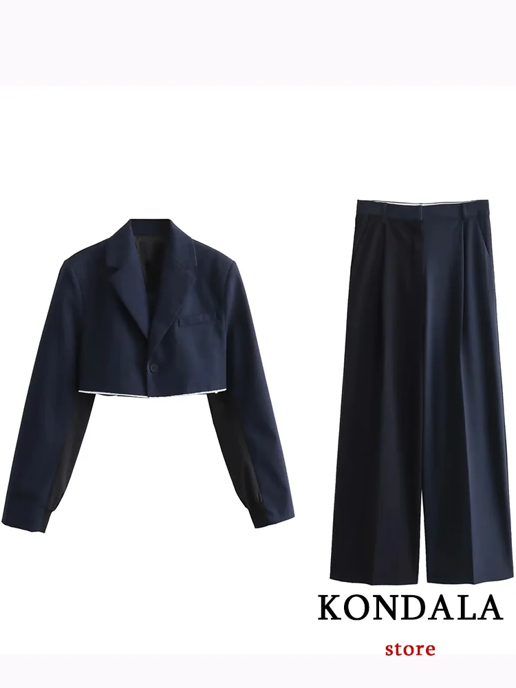 KONDALA Chic Vintage Solid Women Striped Suit Black Single Button Jackets Straight Loose Long  Pants Fashion 2023 Autumn Sets