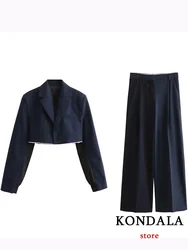 KONDALA Chic Vintage Solid Women Striped Suit Black Single Button Jackets Straight Loose Long  Pants Fashion 2023 Autumn Sets