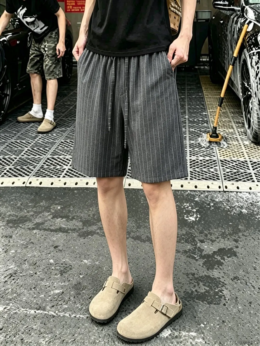 Deep Grey Striped Suit Shorts Men's Summer Lightweight Maturity Five-Quarter Western Pants Husband Feeling Old Money Style