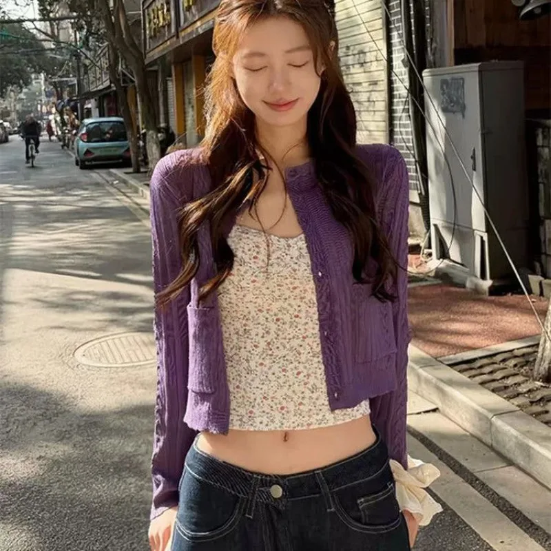 Matakawa Early Spring Short Cardigans Solid Thin Spring Autumn Versatile Women Sweaters Korean Fashion Vintage Sweet Sueter