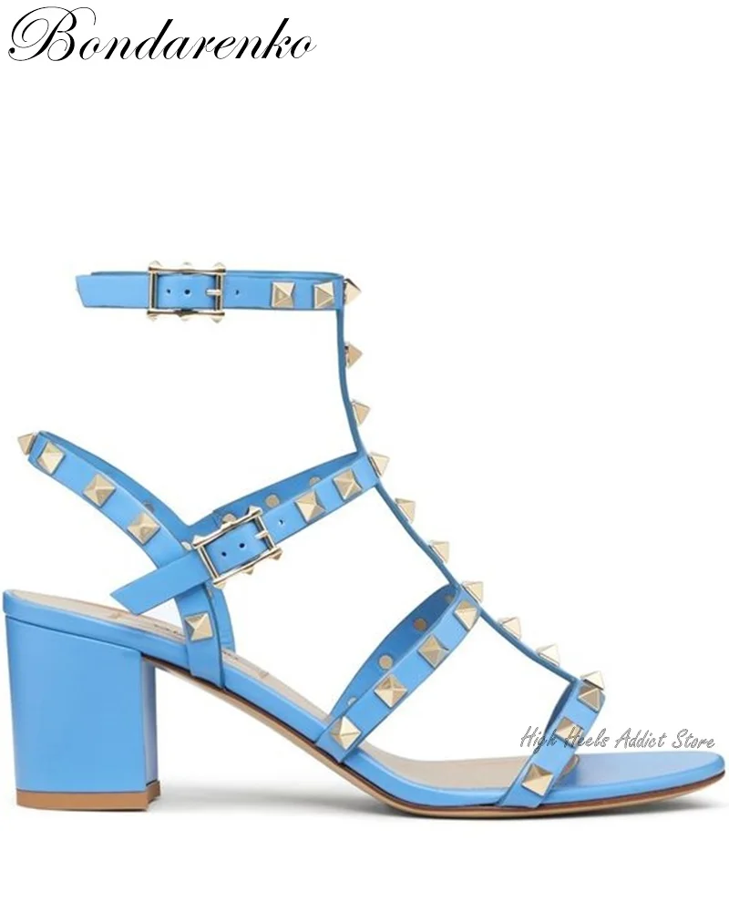 Rockstud Open Toe Block Heel Sandals Luxury Designer Ankle Straps Chunky Heels Women Summer Colorful Leather Pumps Dress Shoes