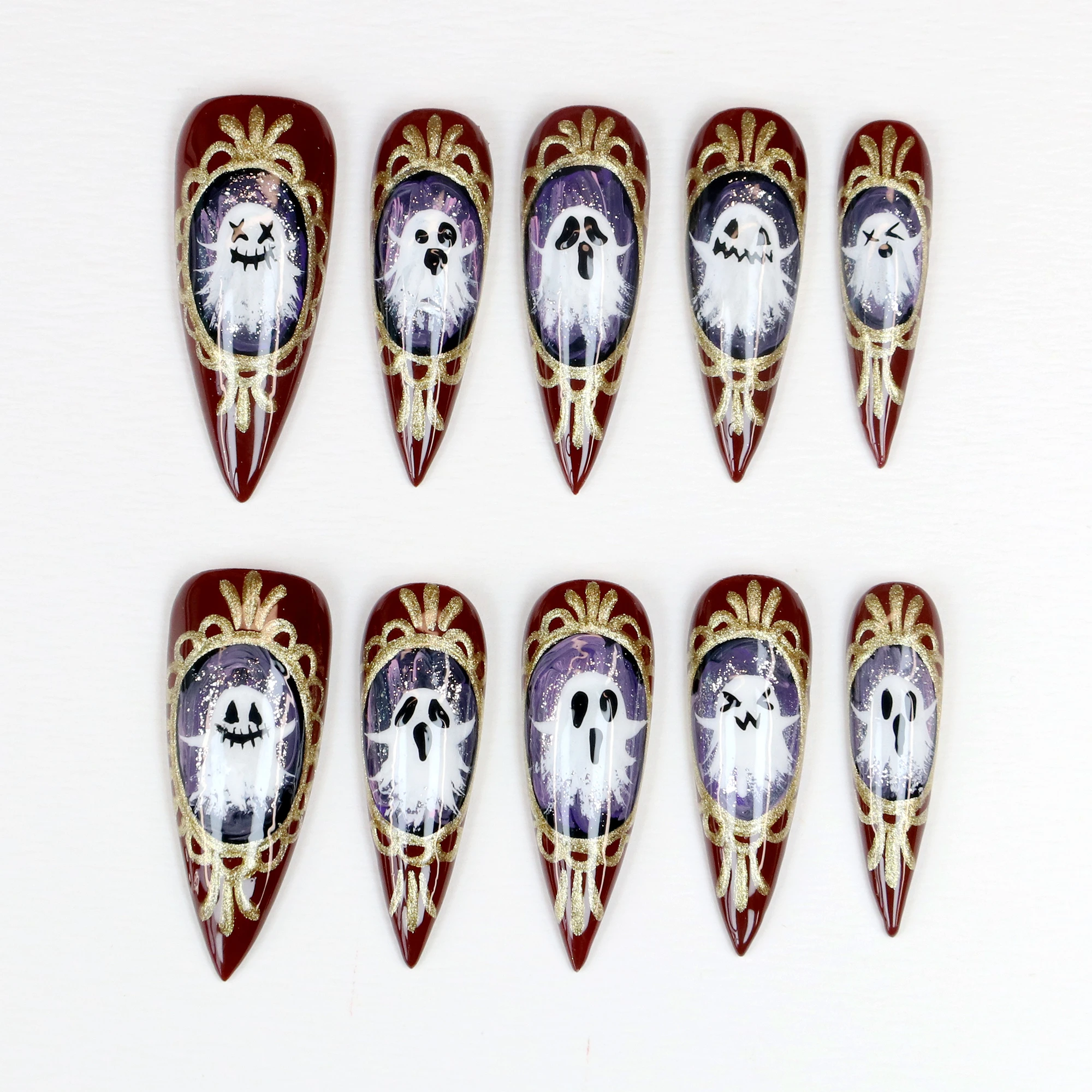 10Pcs 3D Ghost handmade Manicure Press On Nails, Acrylic Fake Handpainted Custom Design All Saints' Day Adhesive Nail File Set