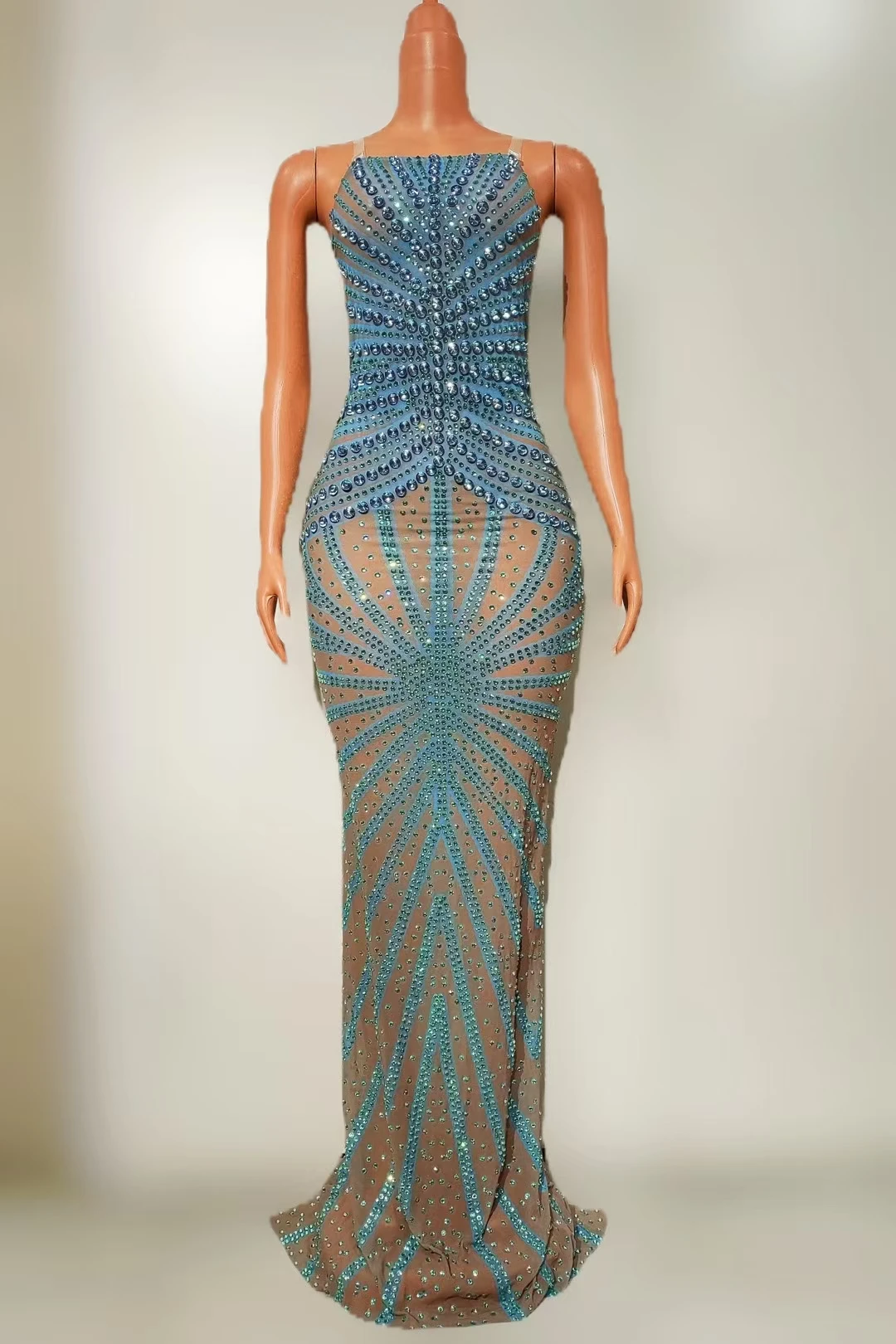 Hexi bleu cristaux scintillants voir à travers maille robe longue discothèque fête Sexy robe de soirée élégante robe de bal de luxe robe de bal