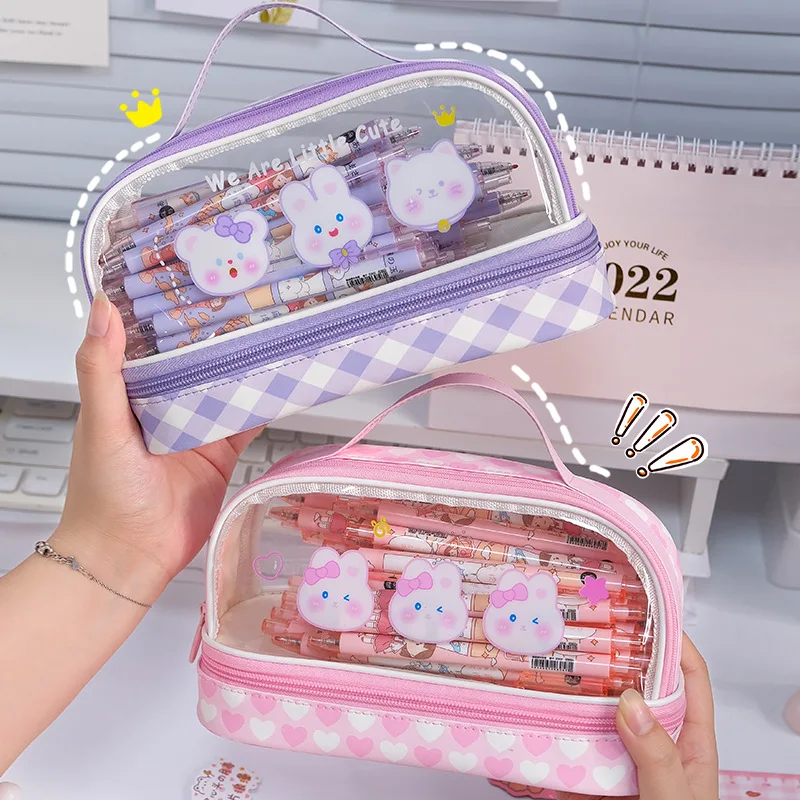 Portable Double-layer Transparent Pen Bag Box Stationery Aesthetic School Cases Pencil Pouch Utilities Holsters Pencilcase Girls