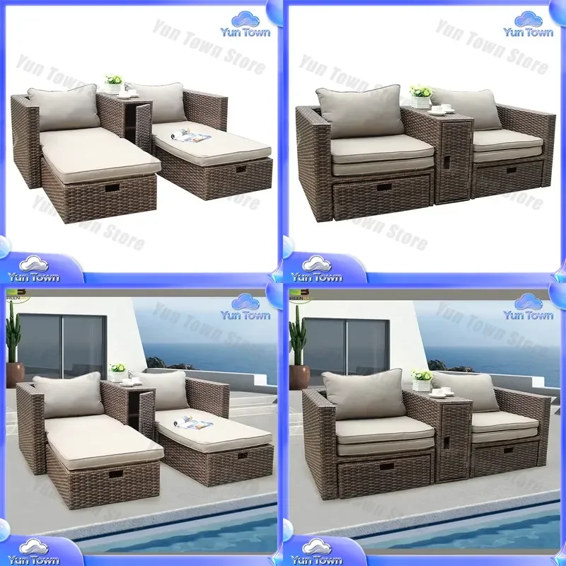 Aluminium Frame Patio Lounger Chair for Outdoor PE Rattan Lounger with Rattan Table Wicker Garden Sofa for Backyard Deck
