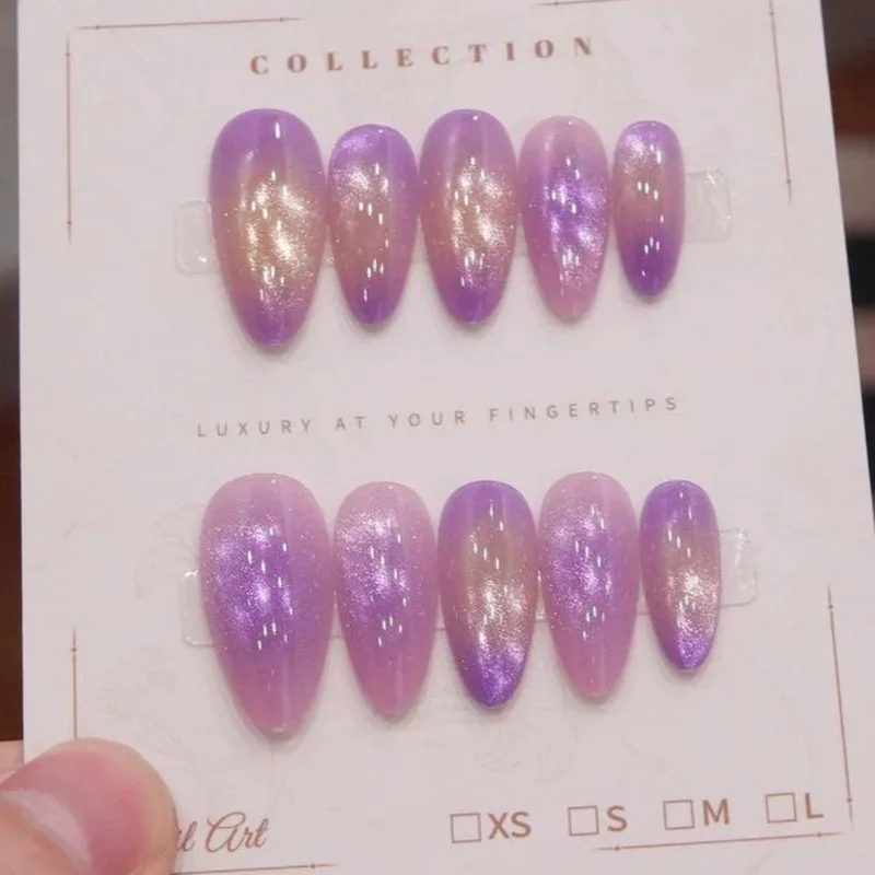 Handmade Medium Almond Press On Nails Purple Gold Gradient Mermaid Cat Eye Fake Nails Glitter Jelly Transparent Dreamy Reusable