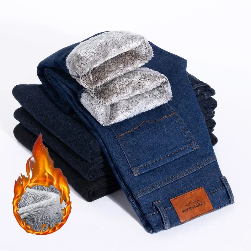 Men Winter Lamb Fluff Denim Straight Pants Male High Waist Stretch Thicken Jeans Comfortable Fleece Lined Warm Baggy Trousers