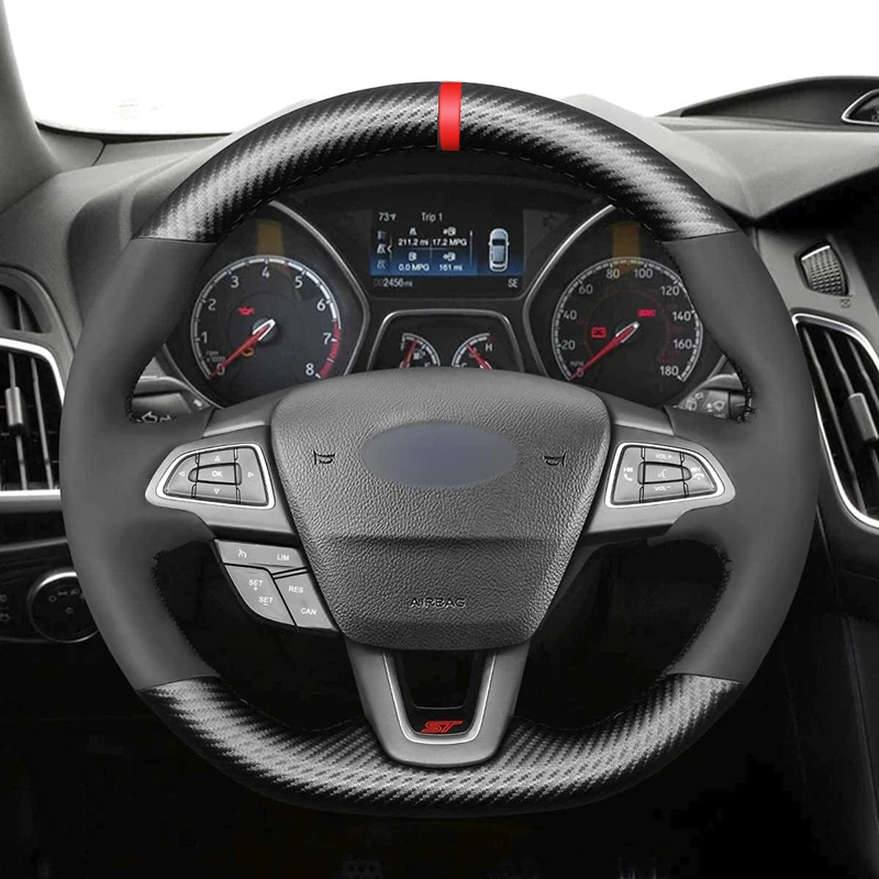 Black Suede Carbon Fiber Leather Steering Wheel Cover For Ford Focus RS ST ST-Line Kuga Ecosport 2015 2016 2017 2018-2020