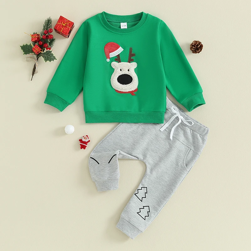 2023-10-23 Lioraitiin Toddler Boys Christmas Outfits Santa/Elk Fuzzy Embroidery Long Sleeve Sweatshirts+Long Pants Clothes Set