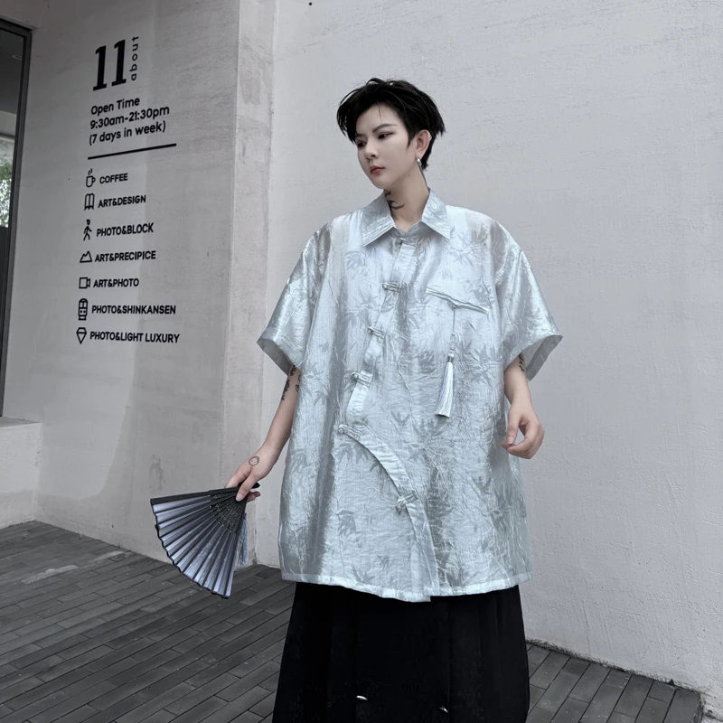 New Chinese Style Print Asymmetrical Single Breasted Tassel Shirt Men's Clothing 2024 Summer Shirts Trend