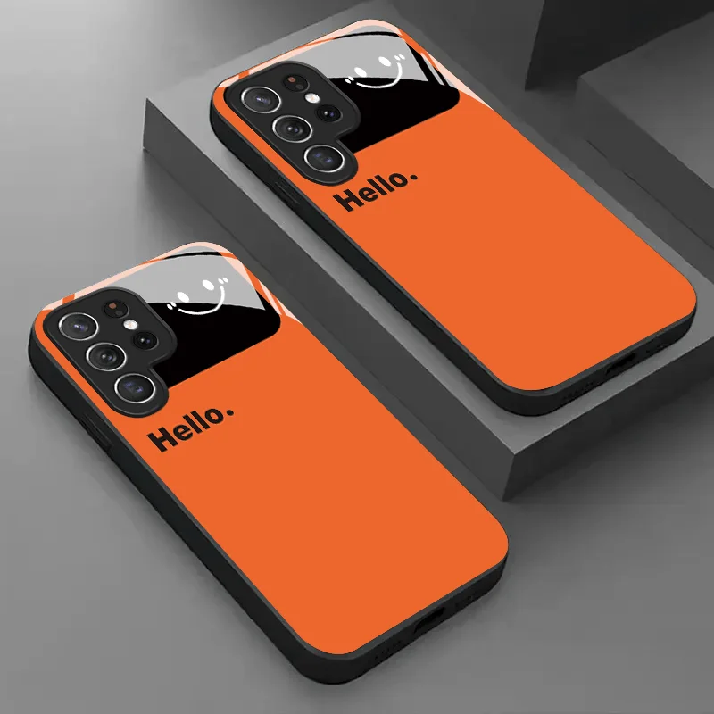 Simplified orange glass phone case suitable for Samsung Galaxy S26 S25 S24 S23 S22 S20 FE/Ultra/Plus anti drop back cover