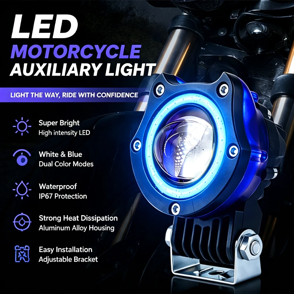 Motorcycle Angel-Eye Lens Headlight Devil-Eye Work Light Fog Lamp for Electric Bikes 12-80V Universal Fit