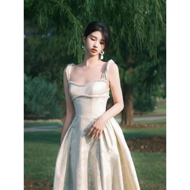 2025 女性スパゲッティストラップ花柄ミディドレスエレガントな背中の開いた Sleevelss 大きな裾 A ラインドレス 2025 女性パーティーイブニングドレス