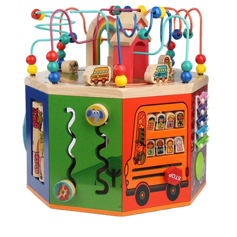 Baby Educational Wooden Multi-function Activity Cube With Xylophone Toys Customized Children Learning Animal Bead Maze Box Toys