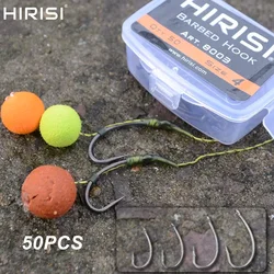 Hirisi-anzuelos de pesca de carpa con recubrimiento de 50 piezas, paquete de anzuelos de pesca con púas de acero inoxidable de alto carbono, con caja Original al por menor, 8003