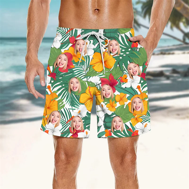 

Flower Leaves Graphic Beach Shorts Men 3d Printed Tropical Plants Customize Face Swimming Trunks Summer Sports Surf Board Shorts