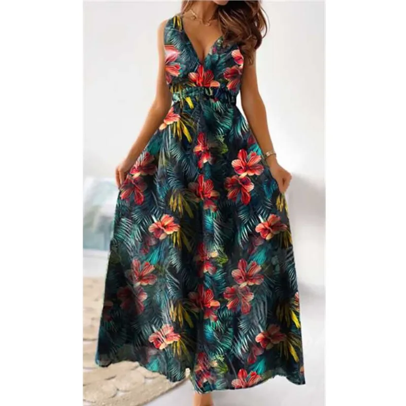 

Sexy Dress Women 2024 Summer High Waist Broadband Sleeveless Temperament Deep V-neck Print Sling Holiday Split Big Swing Dresses