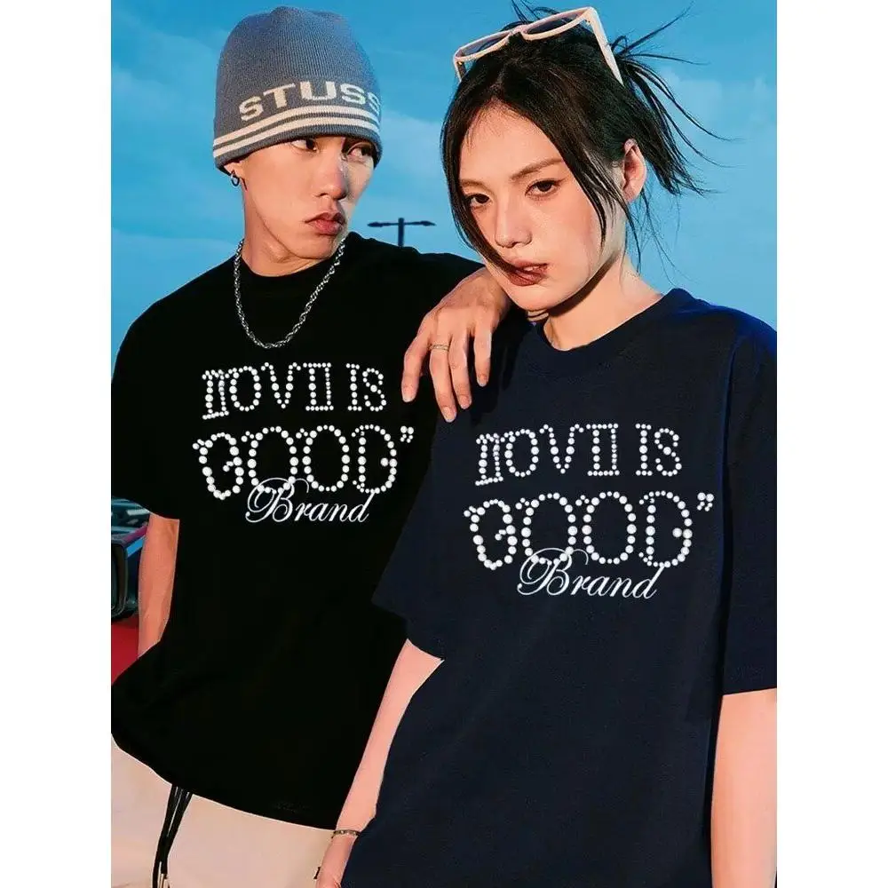 

American Sle Loose Pearl ort Sve T-irt ex Summer Casual Cotton round Ne Top for Couples Youth Faion Trend