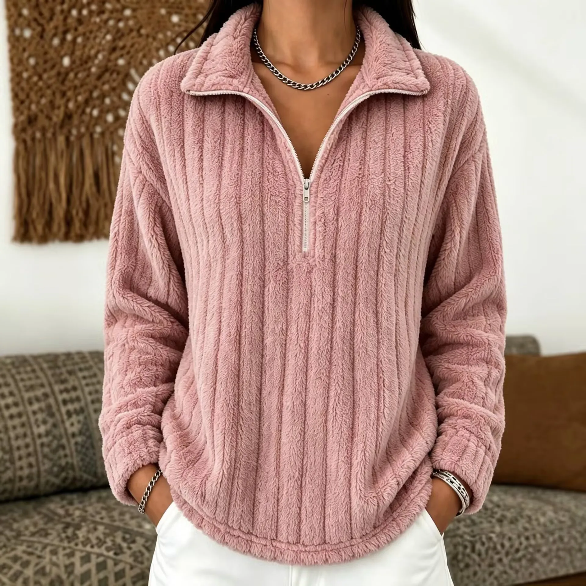 Women's Autumn Winter Turn Collar Ribbed Fleece-lined Warm Zip-up Long-sleeved Sweatshirt