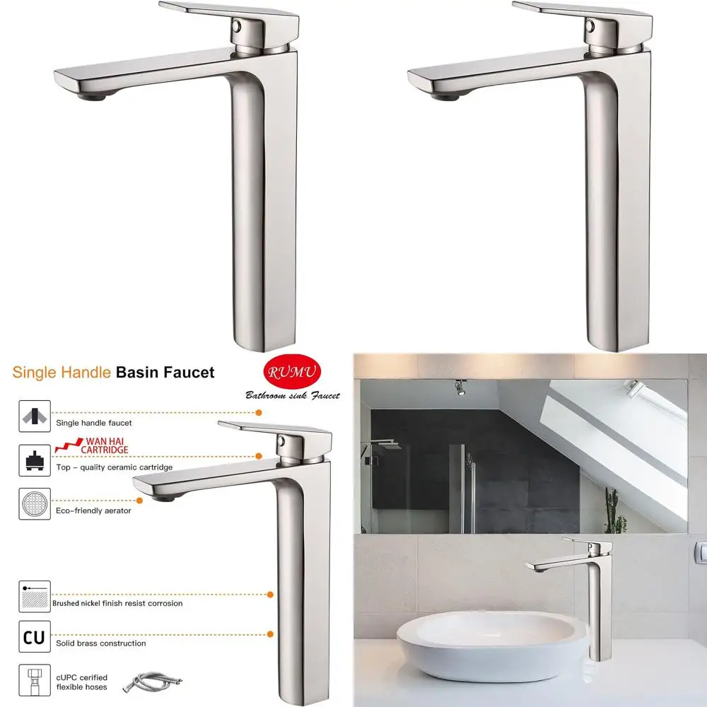 

Single Handle Brushed Nickel Tall Bathroom Sink Faucet with Solid Brass, 1.2 GPM Mixer Tap for Vanity and RV Lavatory
