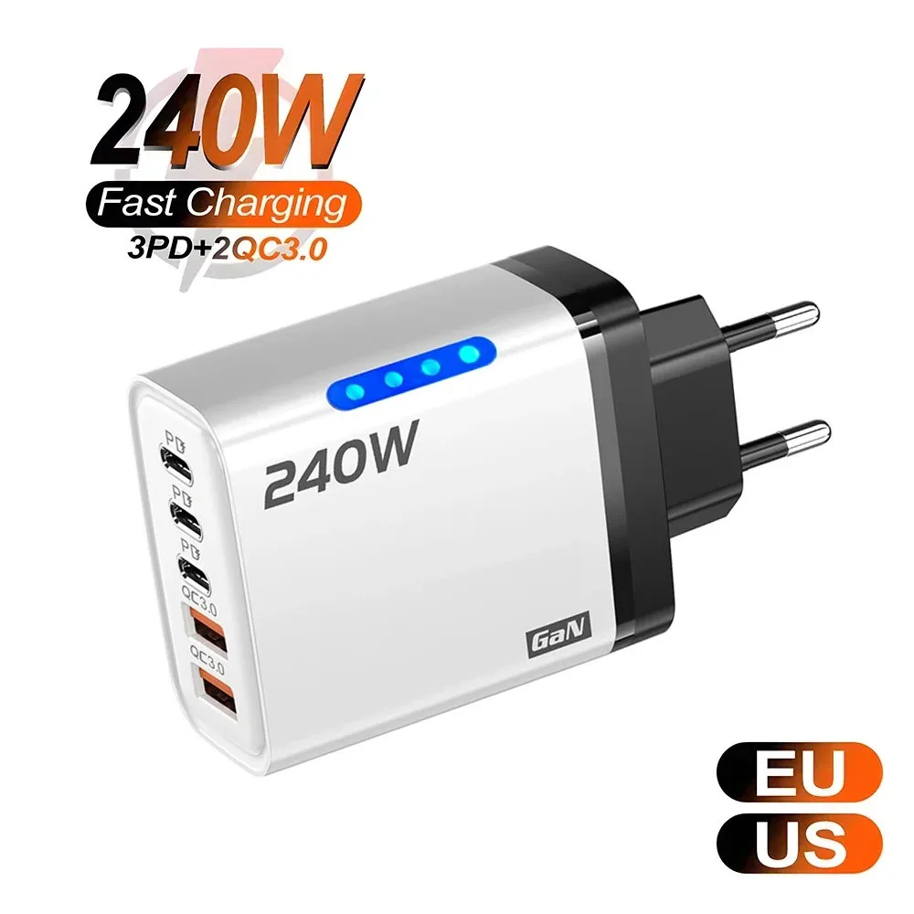 240W Multi Ports USB C Charger GaN Fast Charging Phone Adapter For iPhone Samsung Xiaomi Type C Quick Charge EU/US Wall Charger