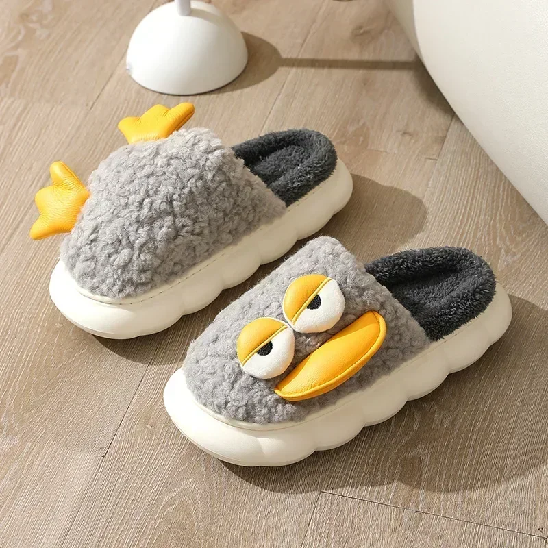 Winter Plush Duck Slippers Women Men Funny Warm Couple Shoes Soft Household Cartoon Indoor Antiskid 4cm Thick Sole Slippers