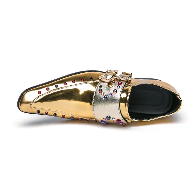 New Gold Double Buckle Wedding Men Shoes Loafers Rivet Breathable Fashion Handmade Men's Business Shoes  Size 35-46