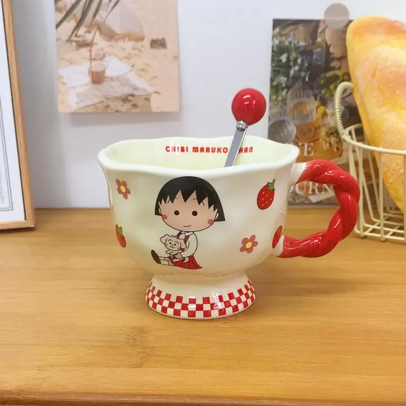 Chibi Maruko-Chan Cartoon Mug Good-Looking Ceramic Cup Household Drinking Cup Coffee Cup Souvenir Spoon Holiday Gift for Girls