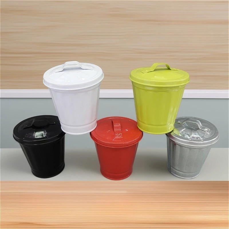 Mini Metal Trash Can with Lid 9x9.5cm, Small Desk Waste Bin Planter Storage Jar for Bedroom Living Room Office