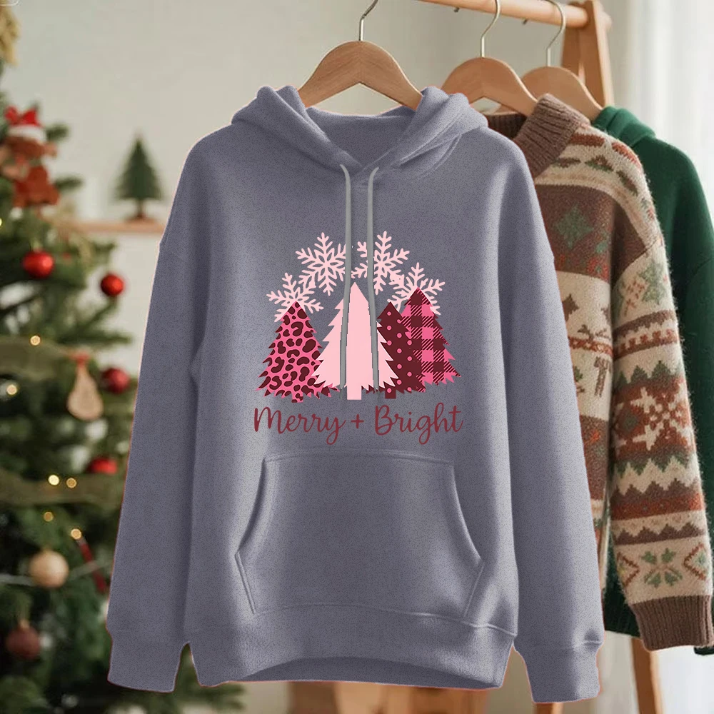 

Толстовки с принтом рождественских елок, женские повседневные свободные толстовки, базовые пуловеры с карманами, зимняя флисовая теплая одежда