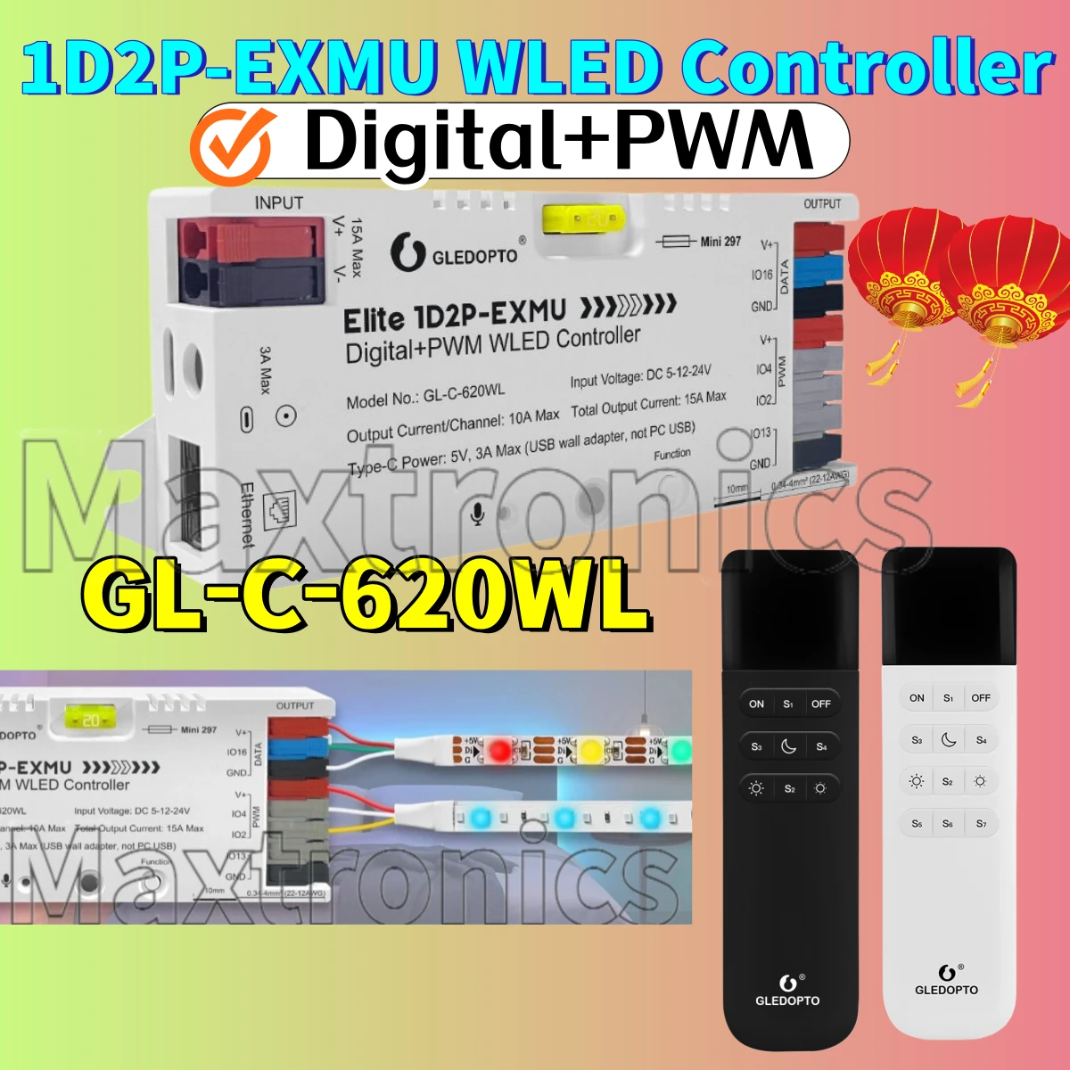 Elite 1D2P-EXMU WLED Controller GL-C-620WL/RC-002WL Built-in Relay/ Fuse Ethernet Type-C for Digital RGBIC PWM Single Color CCT