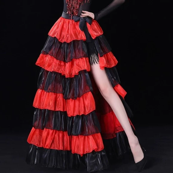 Falda de gasa de 8 capas con abertura y cordones, estilo español, para espectáculos de flamenco y danza del vientre, disfraz de actuación, media falda.
