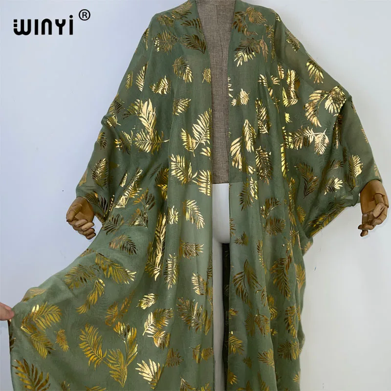 WINYI Middle East Hot stamping print Women Cardigan Loose Long Dress holiday Boho beach cover up Holiday Batwing Sleeve abaya